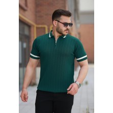 Erkek Yaka ve Kolları Çizgi Detaylı Fermuarlı Kısa Kollu T-Shirt