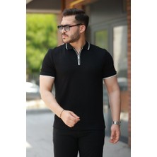 Erkek Fermuar Yakalı Çizgi Detaylıkısa Kollu Tişört