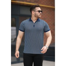 Erkek Çizgili Fermuar Yakalı Kısa Kollu Tişört