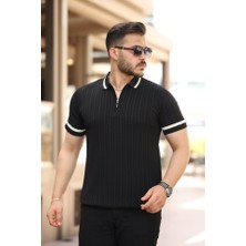 Erkek Yaka ve Kolları Çizgi Detaylı Fermuarlı Kısa Kollu T-Shirt