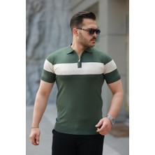 Erkek Fermuar Yakalı Şerit Renk Desenli Kısa Kollu Tişört