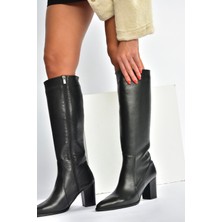 V398589603 Siyah Hakiki Deri Kalın Topuklu Kadın Çizme