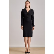 Takma Kol Siyah Örme Elbise