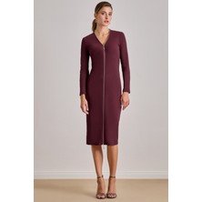 Midi Bordo Kaşkorse Elbise