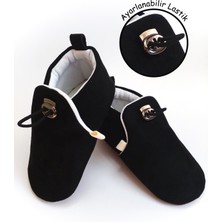 Siyah Kadife Kaydırmaz Taban, Ayarlanabilir Lastikli Bebek Patik, Kreş Ayakkabısı, Ev Botu Panduf