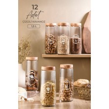 Kitchen Life 12 Adet 1,5 lt Mega Boy Bambu Kapak Görünümlü Çizgili Kavanoz Seti 1500 ml