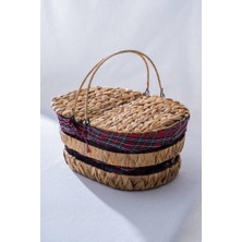 Hasır Ekose Kapaklı Oval Piknik Sepeti 39CM