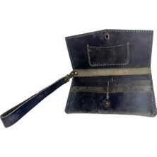 Gri El Yapımı Hakiki Crazy Deri Telefon Bölmeli Cüzdan