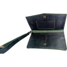 El Yapımı Telefon Bölmeli Hakiki Crazy Deri Cüzdan Yeşil