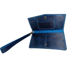 El Yapımı Telefon Bölmeli Hakiki Crazy Deri Cüzdan Turkuaz