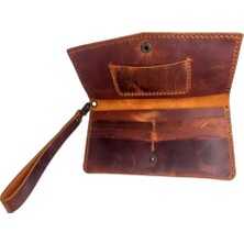 El Yapımı Telefon Bölmeli Hakiki Crazy Deri Cüzdan Koyu Kahverengi