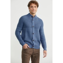 Petek Motifli Dik Yaka Triko Hırka - Indigo