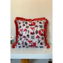 Sonbahar Tilki Mantar Desenli Saçaklı Kırlent Kılıfı 3D Punch Nakış Efekt Dijital Baskılı 43X43CM