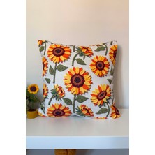 Ayçiçeği ve Yaprak Desenli Kırlent Kılıfı 3D Punch Nakış Efekt Dijital Baskılı 43X43CM