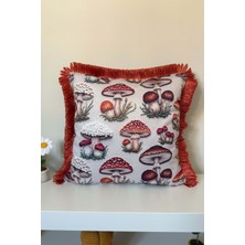 Sonbahar Mantarları Desenli Saçaklı Kırlent Kılıfı 3D Punch Nakış Efekt Dijital Baskılı 43X43CM