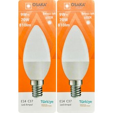 (2 adet) Osaka 9W (70W) Beyaz Işık (6500K) E14 Duylu (Ince Duy) LED Mum Ampul