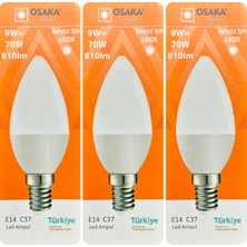 (3 adet) Osaka 9W (70W) Beyaz Işık (6500K) E14 Duylu (Ince Duy) LED Mum Ampul