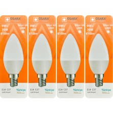 (4 adet) Osaka 9W (70W) Beyaz Işık (6500K) E14 Duylu (Ince Duy) LED Mum Ampul