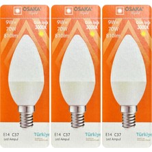(3 adet) Osaka 9W (70W) Sarı Işık (3000K) E14 Duylu (Ince Duy) LED Mum Ampul