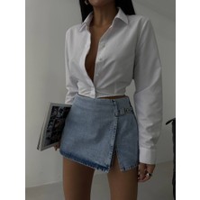 Kemer Detay Denim Şort Etek