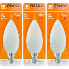 (3 adet) Osaka 6W (50W) Günışığı (4000K) E14 Duylu (Ince Duy) LED Mum Ampul