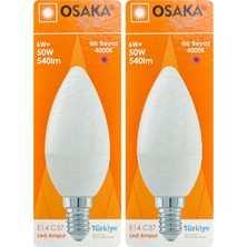 (2 adet) Osaka 6W (50W) Günışığı (4000K) E14 Duylu (Ince Duy) LED Mum Ampul