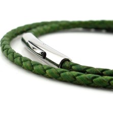 Velaris Green Yeşil Ince Deri Sarma Paslanmaz Çelik Klips Erkek Bileklik M059F