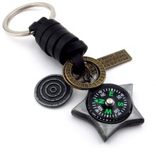 Pusulalı Yıldız Şeklinde Outdoor Gerçek Deri Metal Anahtarlık KC167