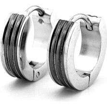 Çift Siyah Şeritli Gümüş Renk Paslanmaz Çelik Erkek Halka Küpe ER141