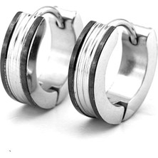 Siyah Beyaz Çizgili Tasarım Gümüş Renk Paslanmaz Çelik Erkek Halka Küpe ER138