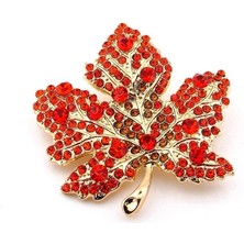 Kırmızı Zirkon Taşlı Çınar Ağacı Yaprağı Sarı Metal Yaka Süsü Broş RZ306