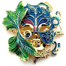 Büyük Boy Venedik Maskesi Balo Temalı Yeşil Yapraklar Yaka Süsü Broş RZ268