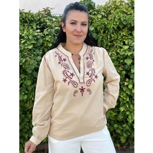 Bordo Nakışlı Keten Bluz