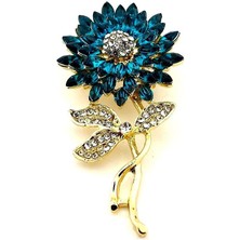 Ay Çiçeği Sunflower Mavi Zirkon Taşlı Çiçek Metal Yaka Süsü Broş RZ378