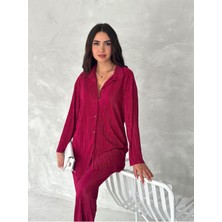 Piliseli Kumaş Beli Lastikli Rahat Kalıp Geniş Paça Pantolun Gömlekli Takım