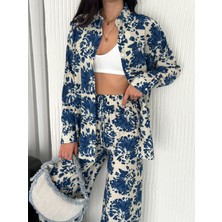 Beli Lastikli  Desenli Modal Kumaş Geniş Paça Gömlekli Takım