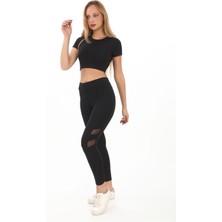 Slimfit  Bisiklet Yaka  Crop  Body ve Tülü Tayt Combin Takım