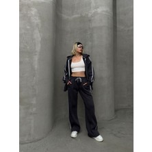 Biyeli Geniş Paça 3 Iplik Şardonlu Oversize Fermuarlı Eşofman Takım