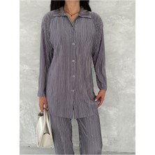 Piliseli Kumaş Beli Lastikli Rahat Kalıp Geniş Paça Pantolun Gömlekli Takım