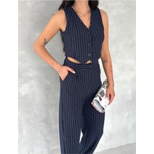 Çizgili Krep Yelekli Takım