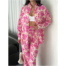 Beli Lastikli  Desenli Modal Kumaş Geniş Paça Gömlekli Takım