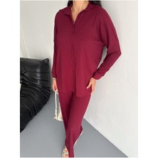 Gofre Uzun Kol Gömlekli Bürümcük Gömlekli Geniş Paçalı Ikili Takım