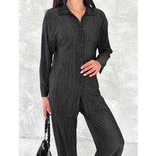 Piliseli Kumaş Beli Lastikli Rahat Kalıp Geniş Paça Pantolun Gömlekli Takım