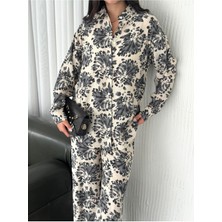 Beli Lastikli  Desenli Modal Kumaş Geniş Paça Gömlekli Takım