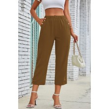 Kadın Beli Lastikli Düğme ve Cep Detaylı Kapri Ithal Keten Pantolon