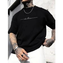 Baskılı Oversize Bisiklet Yaka T-Shirt - Siyah