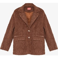 Tüylü Dokulu Oversize Blazer Ceket Kahverengi