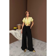 Siyah Paçası Fırfırlı Keten Pantolon