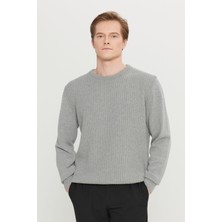 Altınyıldız Classics Erkek Gri Melanj Pamuklu Standart Fit Normal Kesim Bisiklet Yaka Jakarlı Triko Kazak