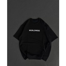Infivento Unisex Bisiklet Yaka Baskılı Oversize T-Shirt - Siyah